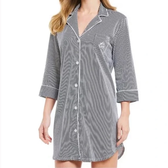 Lauren Ralph Lauren Navy White Striped Monogramed Night Shirt Size Medium - Picture 1 of 7